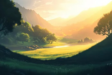 Fotobehang Lush valley landscape at dawn. © Agri