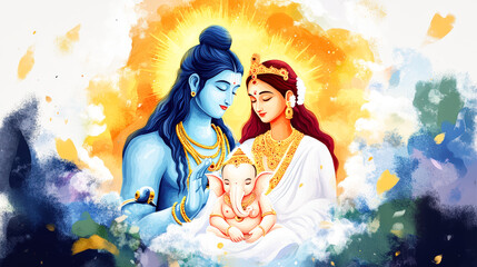 Lord Shiva Parvati and Ganesha Hindu Gods Family Portrait Divine Blessing Spiritual Art Indian Mythology Religious Artwork Colorful Illustration Festive Celebration Wallpaper Poster Design Cultural