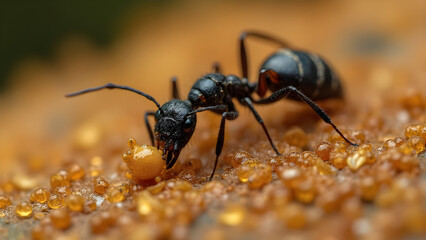 Ant carrying food back to colony. Ultra realistic ant close up. Nature's small wonders in action. Fascinating ant behavior explained.