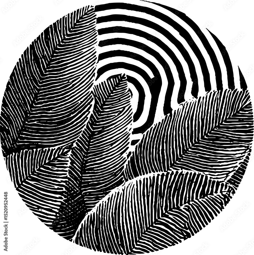 Poster engraved illustration of angular leaves with concentric circles design for art print