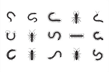 Black centipede silhouette vector set crawling on soil and grass in naturalistic movement positions