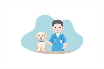 Veterinary. Dog at the reception in a veterinary clinic. Medical checkup for domestic animal. Diagnostic for pets. Veterinary clinic illustration.