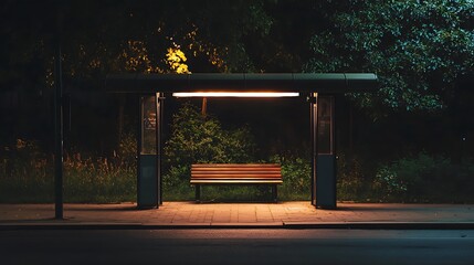 Empty Bench at Covered Bus Stop at Night with Glowing Light