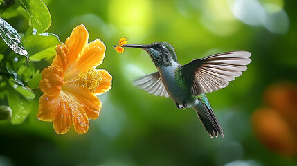 Naklejka premium A hummingbird sips nectar from a vibrant orange flower.