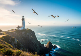 A lighthouse stands atop a rocky cliff overlooking the ocean