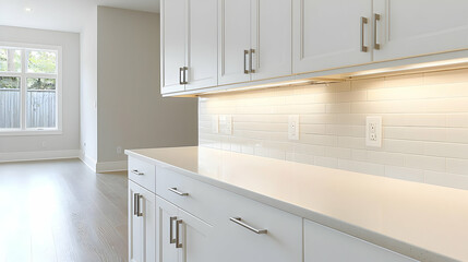 Modern White Kitchen Interior With Wood Floor And Bright Lighting