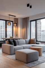 Modern living room with grey sectional sofa, wood table, city view and warm lighting, combining urban elegance with cozy contemporary interior design.