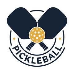 Modern Pickleball Emblem with Paddles and Ball, Stylish pickleball emblem design featuring two crossed paddles and a ball, ideal for sports branding, apparel, or event logos.

