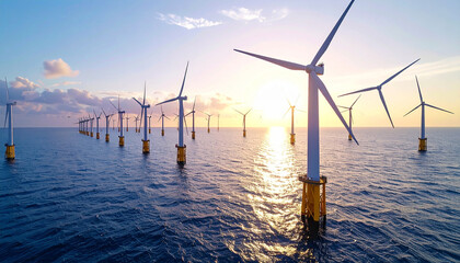 Wind Turbines over Ocean: A mesmerizing view of a wind farm gracefully positioned over the sea, harnessing the power of the wind amidst a breathtaking sunset.