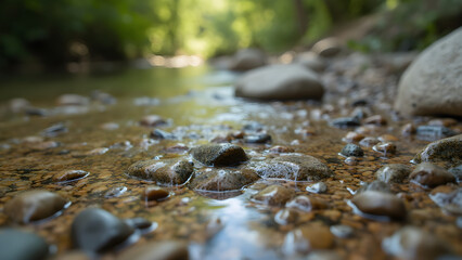 Zoom in on tiny pebbles. Realistic riverbed details. Close-up nature photography. Discover unique stone textures.