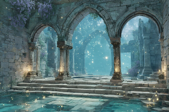 Glowing Fantasy Arches in a Sacred Water Hall