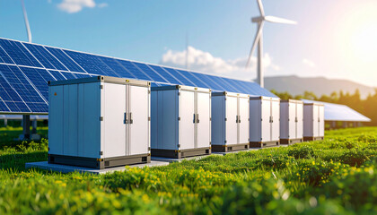 Solar Farm Energy Storage: Row of modern battery storage units in a green field with solar panels and wind turbine in the background. Sustainable energy technology concept.
