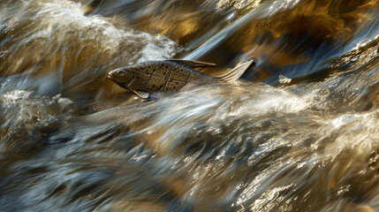 fish swimming upstream in fast flowing river, surrounded by swirling water
