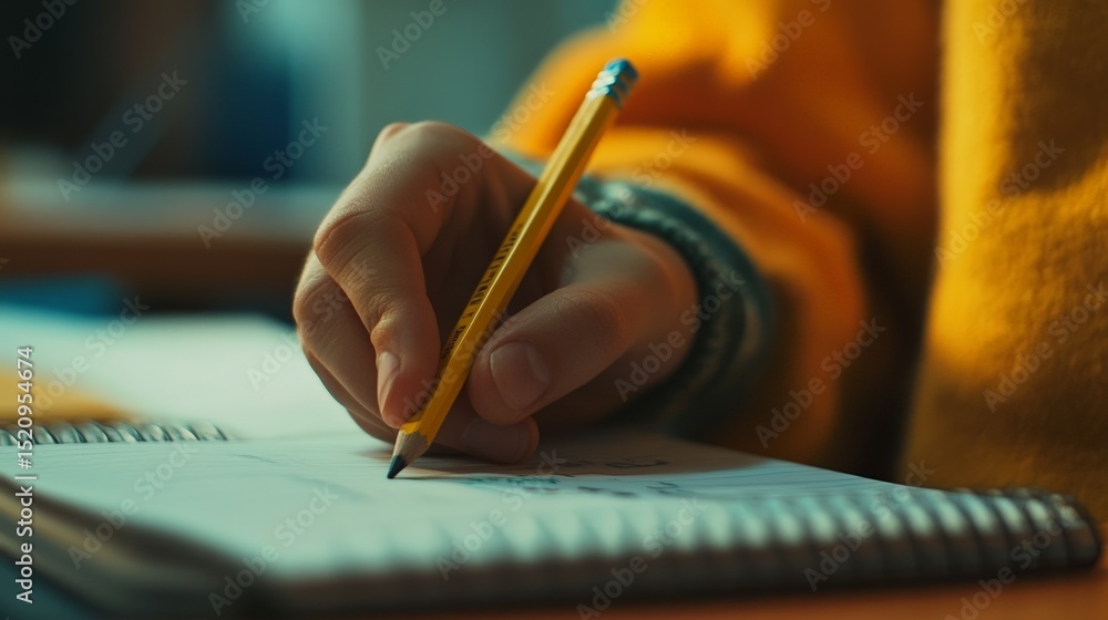 Poster close up of a student's hand writing notes in a spiral notebook with a pencil, diligently preparing 