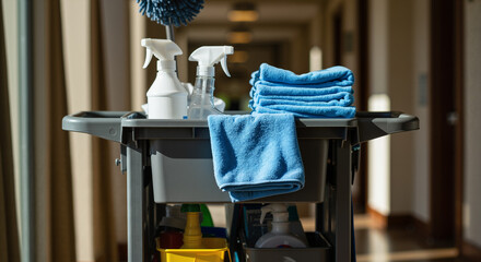 Cleaning trolley with spray bottles and blue towel great for hospitality training materials and cleaning process illustrations