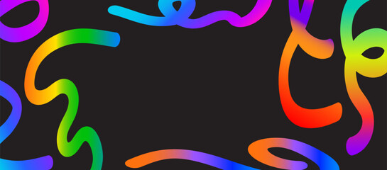 Obraz premium Line color gradient pattern, playful swirl background, neon wave shape poster, 3d fluid element bg. Rainbow ribbon on blackboard, spiral dynamic frame, color gradation text border. Vector illustration