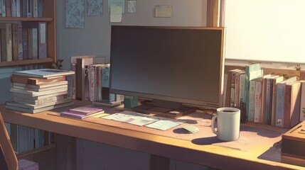 Sunny Study Desk Books Computer Coffee