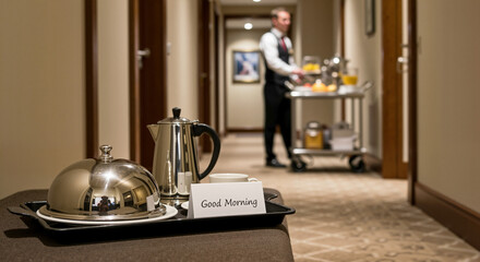 Hotel room service tray with coffee and welcome note ideal for luxury hospitality presentations, service training, and guest experience visuals
