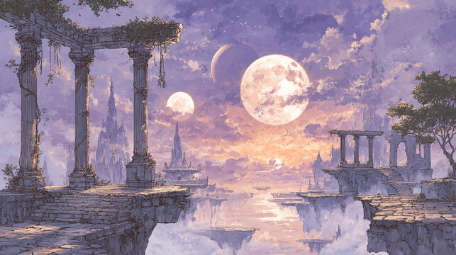 Floating Temple Ruins Beneath Three Magical Moons