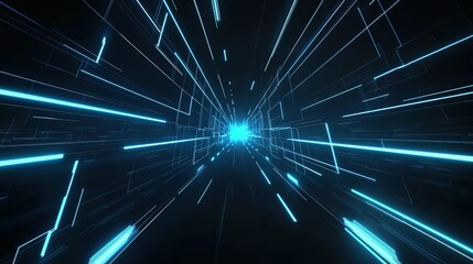 Abstract futuristic blue neon tunnel background with glowing lines and square frames on black space, technology corridor featuring floor reflection for game interfaces, cybersecurity themes or archite