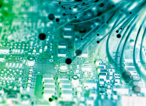 Abstract image of fibre optics and computer hardware representing data and innovation