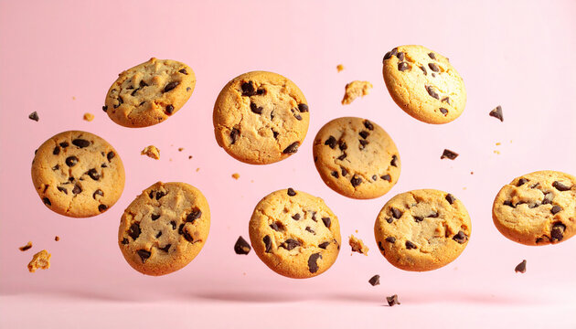 Chocolate chip cookie floating in the air. Sweet food. Tasty snack.