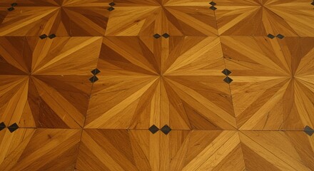 Elegant Parquet Flooring with Starburst Pattern: Detailed Close-Up of Classic Wood Design for Interior Decor, Architecture, and Historical Preservation Projects, High Resolution Image