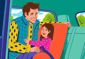 Illustration of a father securing his daughter in a child seat during a road trip