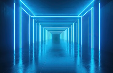 Abstract futuristic blue neon tunnel background with glowing lines and square frames on black space, technology corridor featuring floor reflection for game interfaces, cybersecurity themes or archite