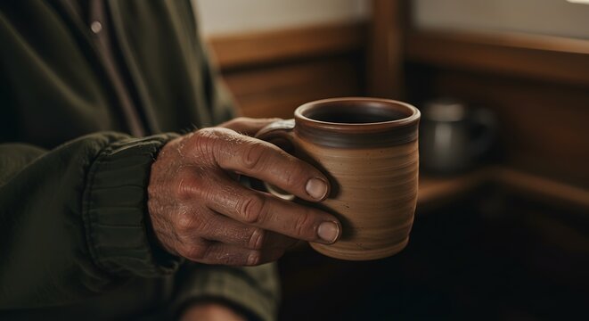 Warmth in Hand: Close-up of Elderly Hands Holding a Steaming Ceramic Mug, Embracing the Comfort and Simplicity of a Quiet Moment, Perfect for Relaxation, Reflection, and Cozy Lifestyle Themes