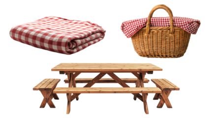 Wooden picnic table with blanket and basket, created with AI, PNG