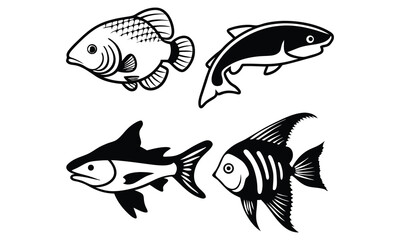 Fototapeta premium Collection of Black and White Fish Silhouettes for Marine Life Projects