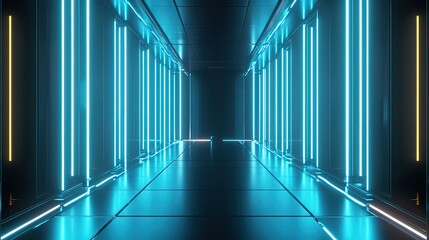 Abstract futuristic blue neon tunnel background with glowing lines and square frames on black space, technology corridor featuring floor reflection for game interfaces, cybersecurity themes or archite