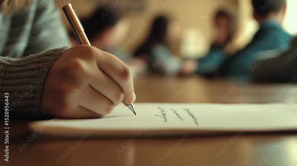 Aufkleber hand of elementary school student writing notes with pen on sheet of paper during class lesson, clas