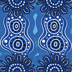 Aboriginal-style artwork featuring blue and white concentric patterns with dot work and wavy lines, representing water, flow, and community connection.