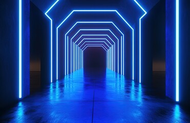 Abstract futuristic blue neon tunnel background with glowing lines and square frames on black space, technology corridor featuring floor reflection for game interfaces, cybersecurity themes or archite