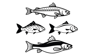 Collection of Black and White Fish Silhouettes for Marine Life Projects