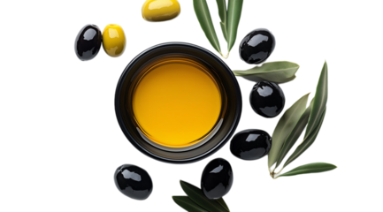 Bowl of olive oil and olives, created with AI, PNG