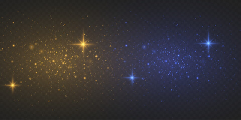 Glowing gold and blue particles with sparkling stars, for a festive or magical design.
