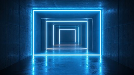 Abstract futuristic blue neon tunnel background with glowing lines and square frames on black space, technology corridor featuring floor reflection for game interfaces, cybersecurity themes or archite