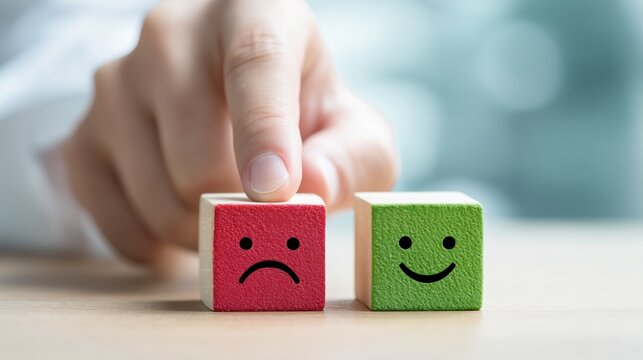 A hand pointing to a red sad face icon. Unsatisfied consumer. Emotional scale. Customer experience. Quality of service. Negative. Review. Feedback from a patron. Objection