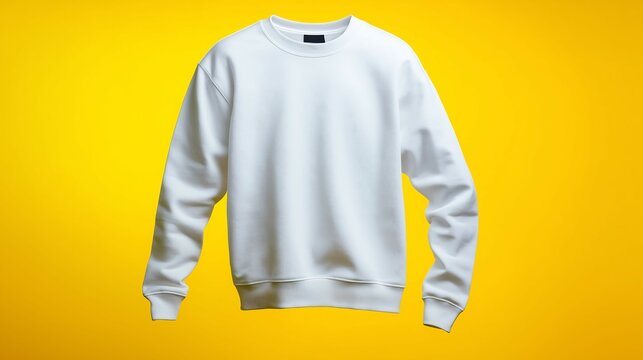 A white long-sleeve crew neck shirt floating in mid-air, centered on a yellow background.