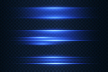 Set of glowing blue light stripes on transparent background with motion blur and futuristic energy effect.