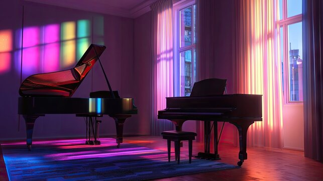 Colorful interior design with a grand piano.