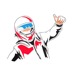 Racer celebrates win, motorsport illustration. Thumb up, sport champion, isolated vector drawing