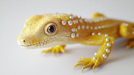 Obraz premium Hyperealistic unreal engine, a beautiful yellow lizard with pearls all over her on white background --ar 16:9 --v 6.1 Job ID: d9c810dd-4978-467d-8036-4790f07f3bd1