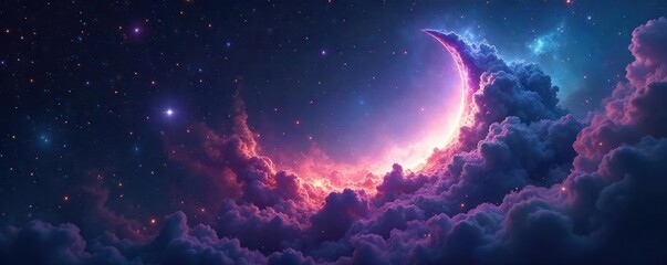 Obraz premium A celestial scene depicting a swirling nebula forming the shape of a crescent moon, stars scattered across a cosmic expanse, galaxies distant and bright , satellite, mystery, meteor