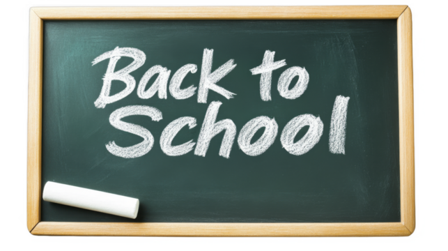 "Back to School" Message in White Chalk on a Green Chalkboard on a transparent background, PNG image, PNG file.