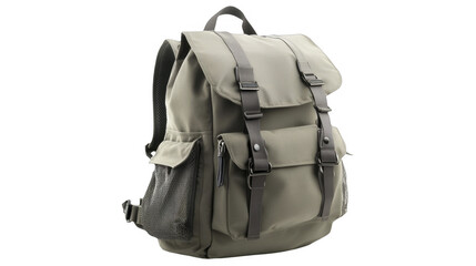 Khaki backpack with straps and pockets, on a transparent background, PNG image, PNG file.