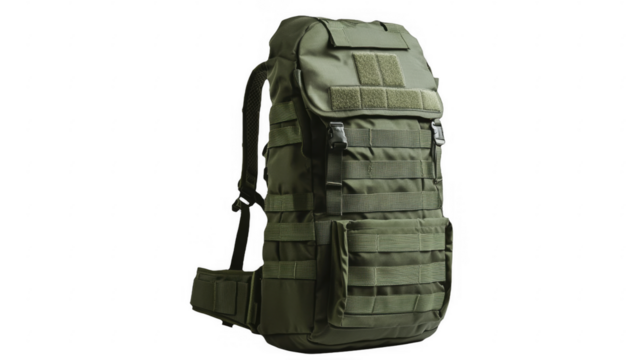 Olive tactical backpack with straps on a transparent background, PNG image, PNG file.